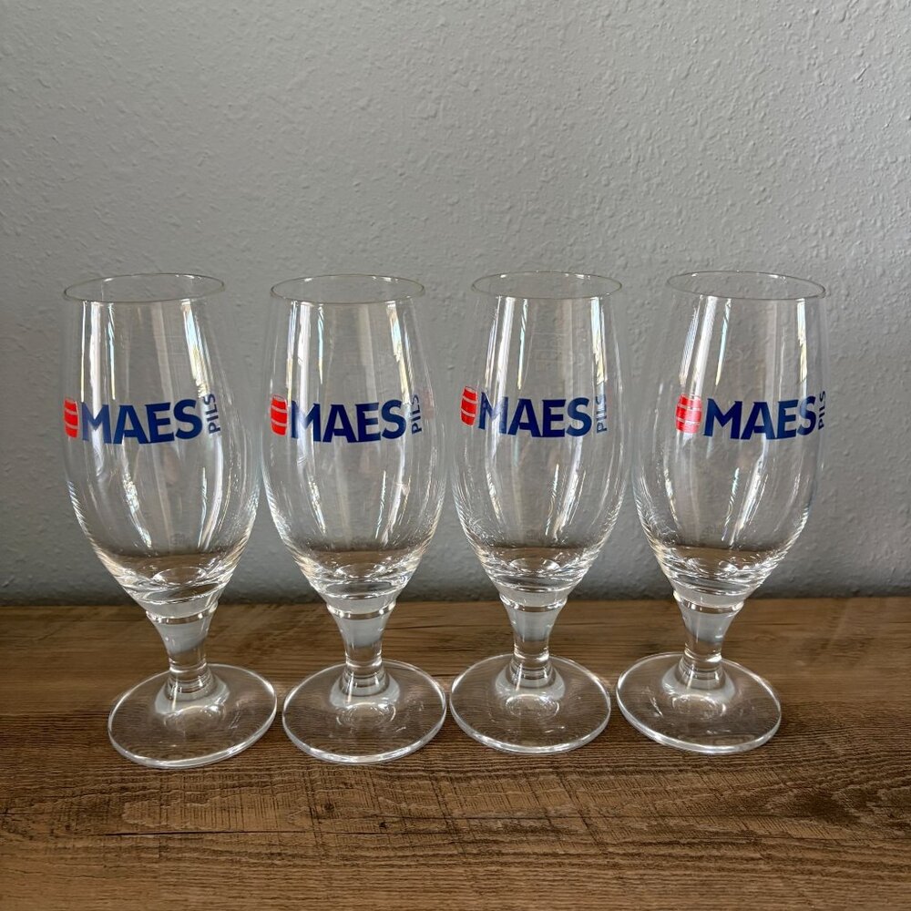 Maes Pils Beer Glass Set of 4 Stemmed Tulip Logo 25cl Belgium Brewery